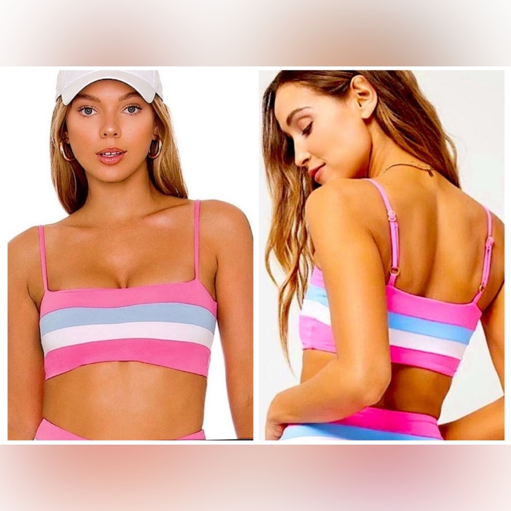 LSPACE Bikini Rebel Stripe Top Bubblegum Pink Aura Blue White Size Large NWT